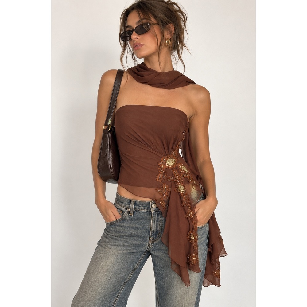 Alberto Makali Brown Embellished Chiffon Corset Top with Matching Scarf Beaded 2
